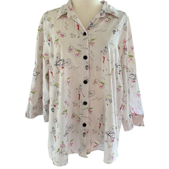 Vintage Parisian Print Button Down Shirt Women 1X White Retro Novelty Artsy Chic - Picture 1 of 9